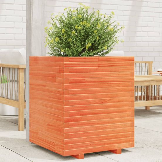 Jardinière haute carrée en bois de pin massif – bac profond finition cire marron pour arbustes – 60cm brun