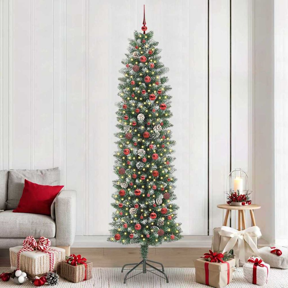 Sapin de noël élégant slim 240 cm, set complet avec effet neige, 300 led et 120 boules de noël