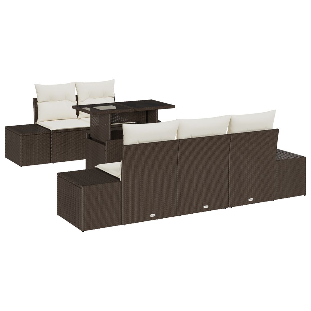 Ensemble de canapé de jardin 6 pièces avec coussins marron en poly rattan