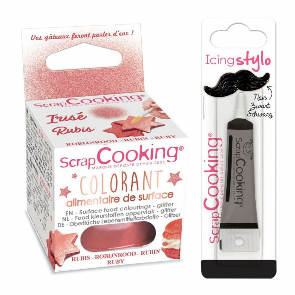 Colorant alimentaire en poudre rubis + stylo de glaçage noir