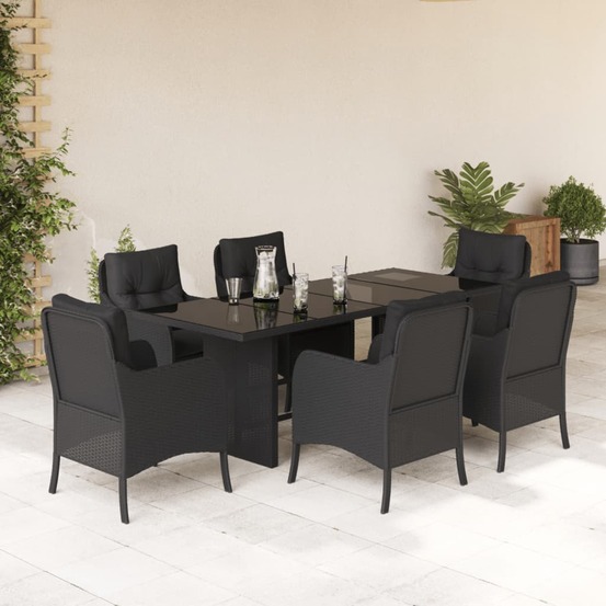 Ensemble à manger de jardin coussins 7pcs noir résine tressée