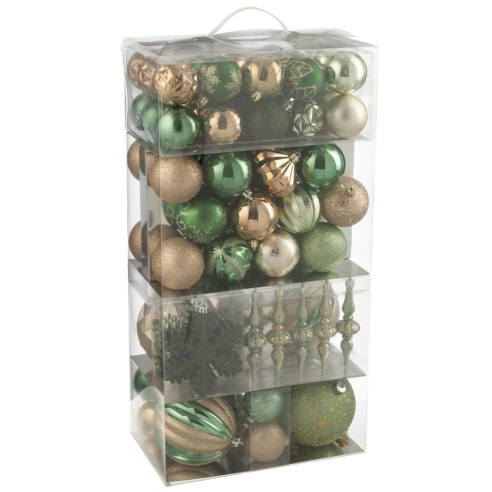 Boite de 80 décorations de noël en plastique vert 30x18x58 cm