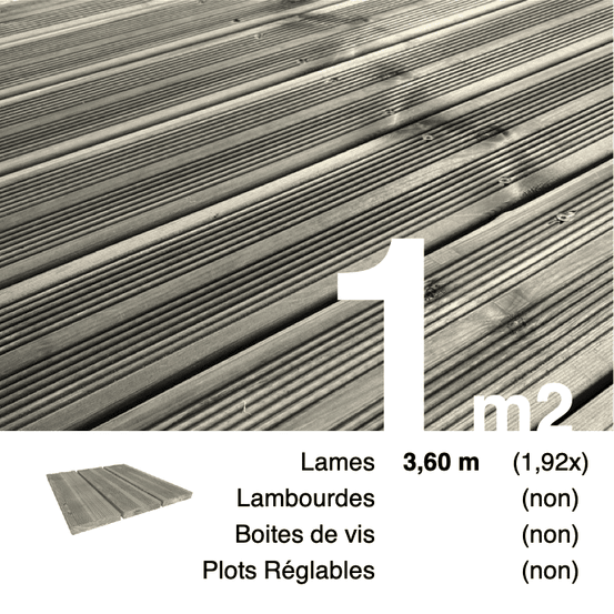 Planches de terrasse pin autoclave gris pour 1 m², longueur 3,6 m.