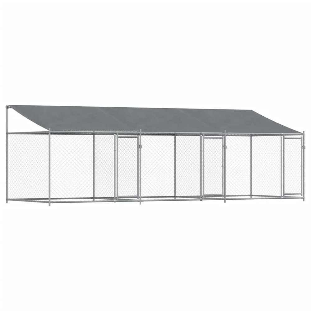 Cage pour chien avec toit et portes 6 x 2 x 2m acier galvanisé gris