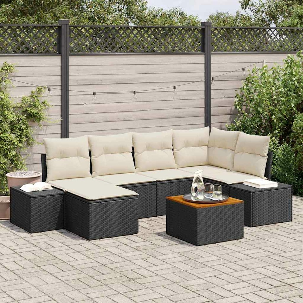 Ensemble de canapé de jardin avec coussin 7 pcs noir polyrotin