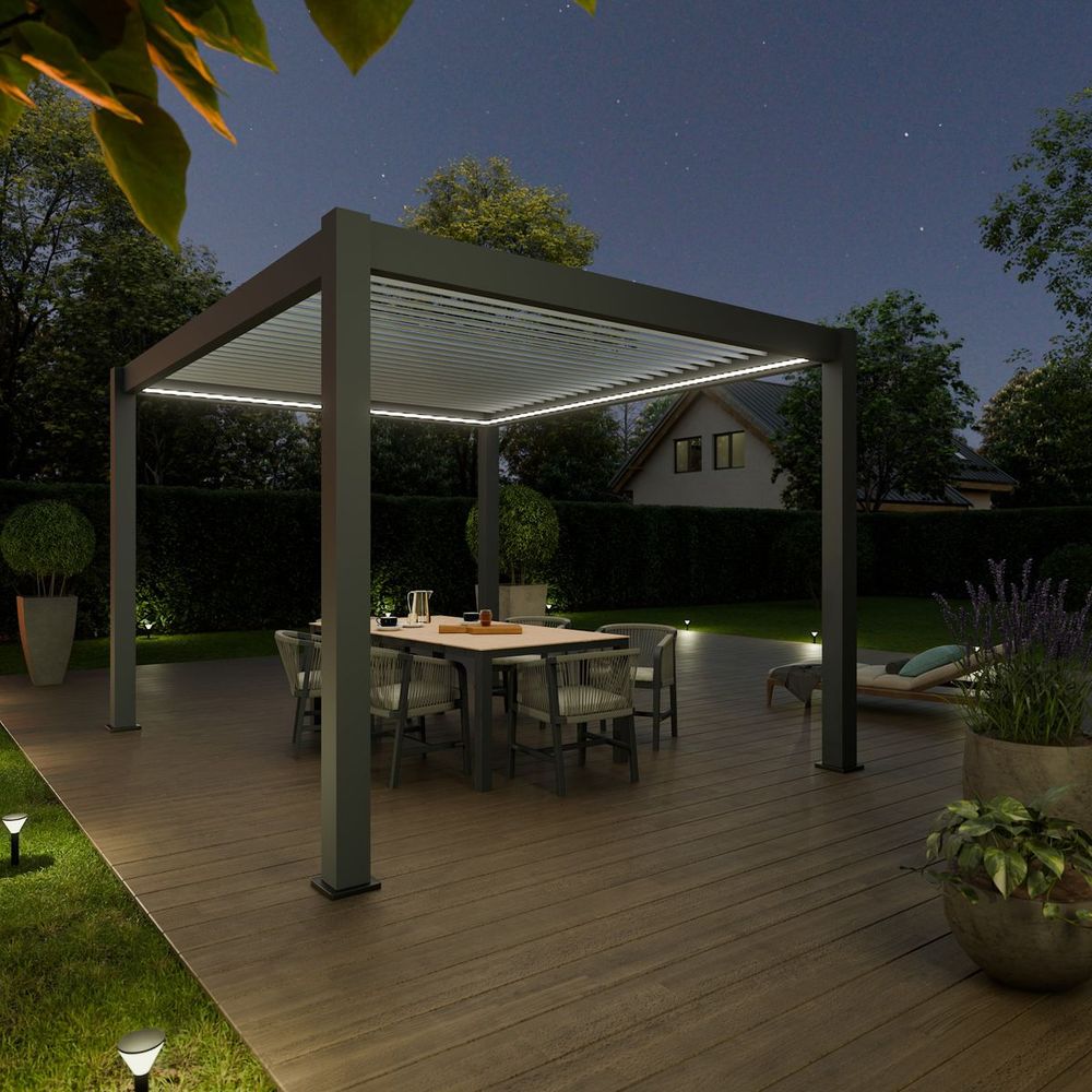 Pergola bioclimatique aluminium autoportée 12m² - 3x4 - kit led inclus - anthracite - lames en aluminium a 120 degrés - elios
