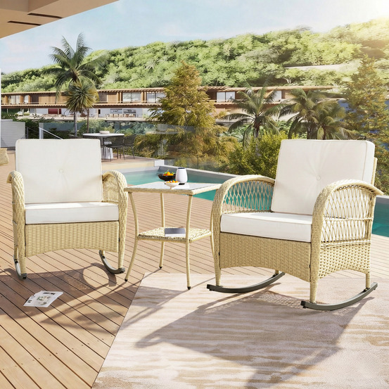 Ensemble de mobilier de balcon en rotin, 3 pièces, fauteuil à bascule, coussins beiges, capacité de charge 160 kg