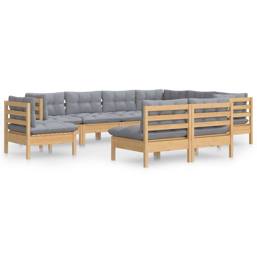 Salon de jardin 9 pcs avec coussins gris bois de pin massif