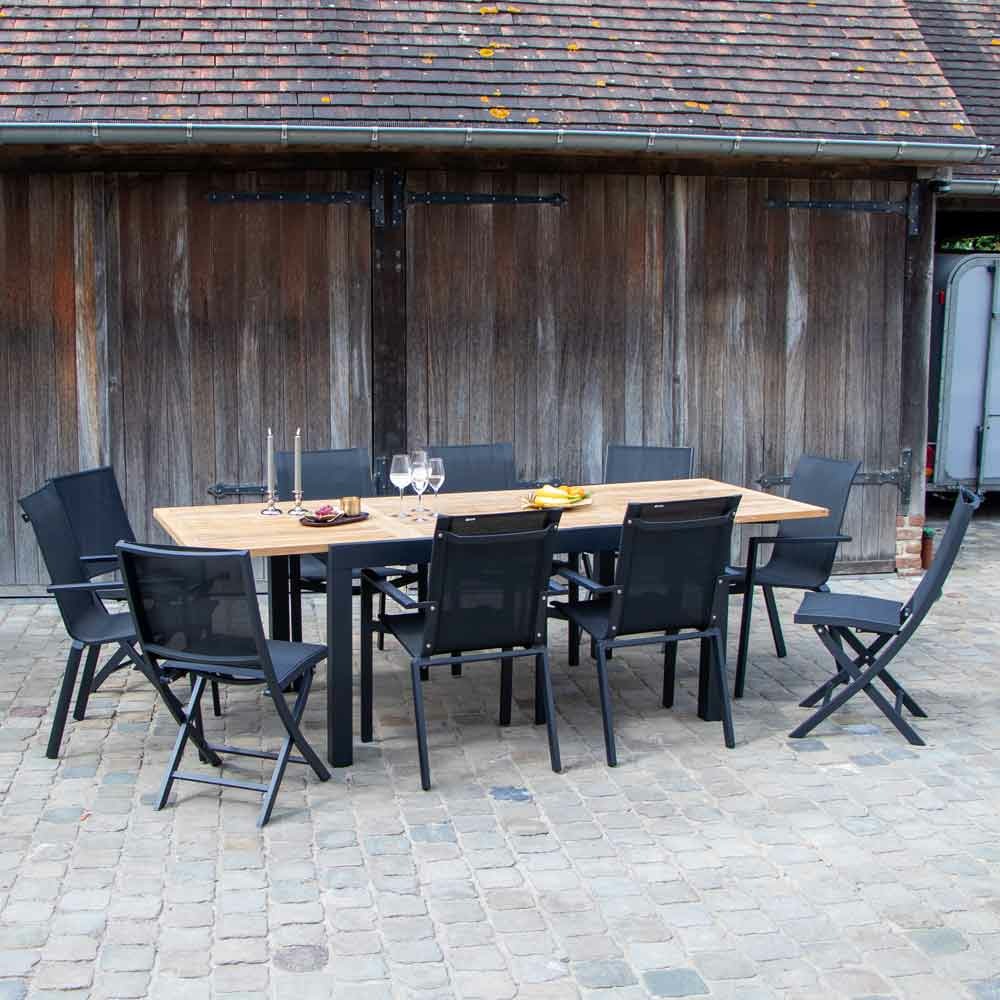 Ensemble baliteck 6/10p en aluminium noir et plateau en teck avec 6 fauteuils et 4 chaises pliantes en aluminium et textilène