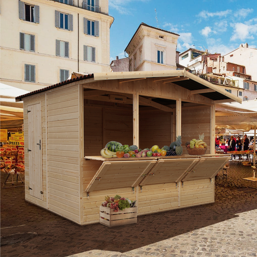 Maison de jardin en bois, étal de marché en bois, grand stand de vendeur avec comptoir, trois fenêtres, h232x336x263 cm/6m2, M150A