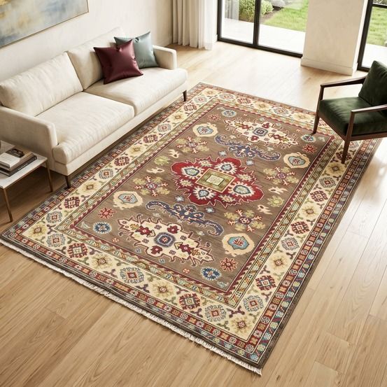 Tapis chambre 121 x 193 cm, marron, beige et rouge, en laine, kazak co 61