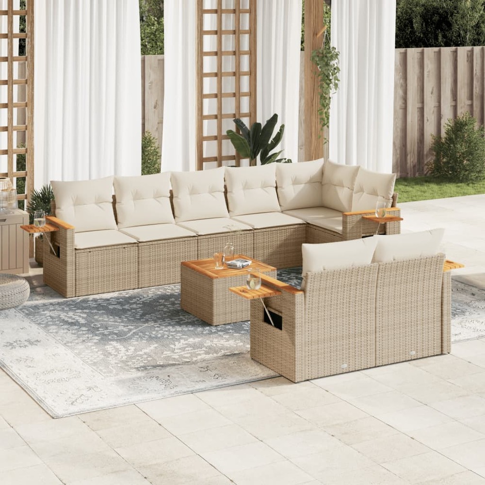 Salon de jardin avec coussins 9 pcs beige résine tressée