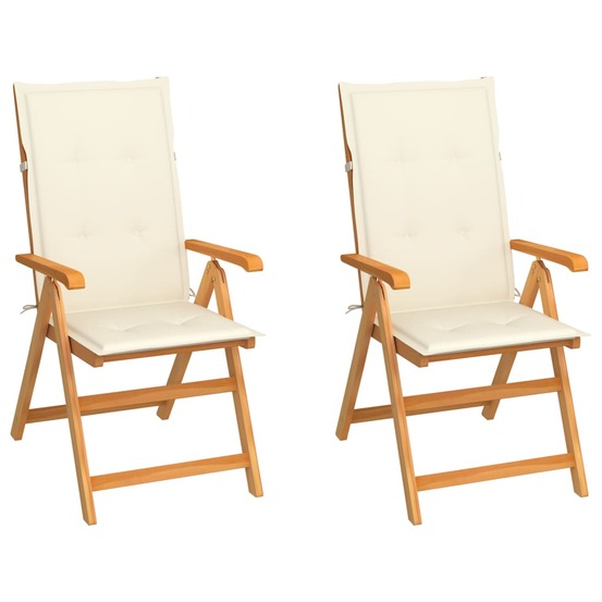 Chaises de jardin lot de 2 et coussins crème bois teck massif
