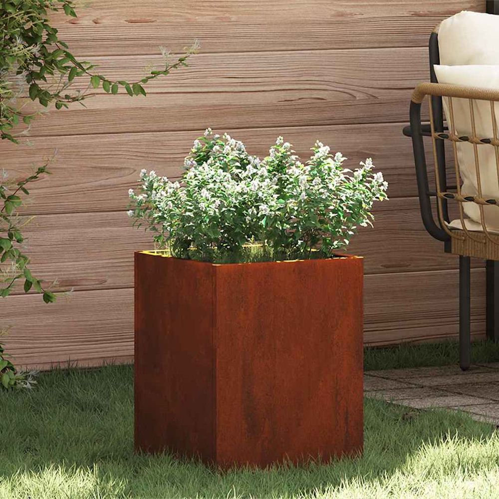 Jardinière carrée acier vieilli effet rouillé rustique marron 32x32x40 cm