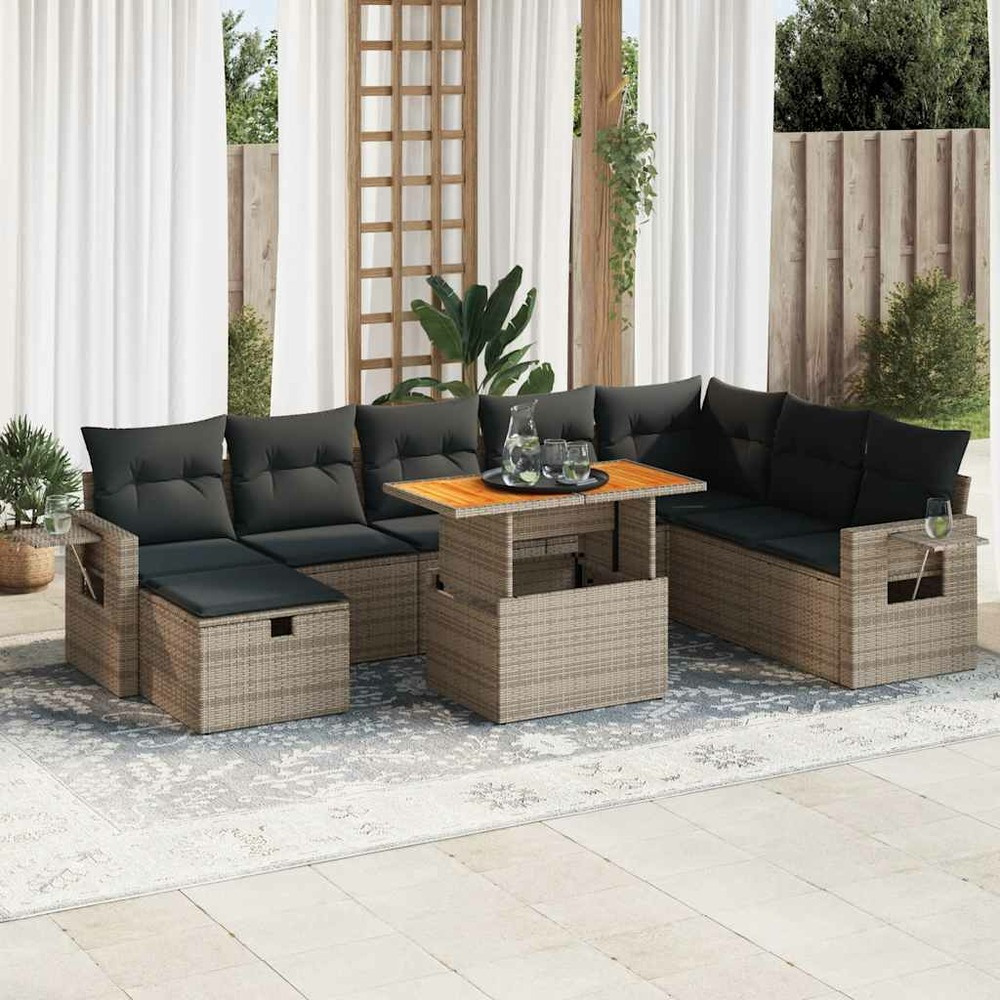 Salon de jardin avec coussins 9 pcs gris résine tressée acacia