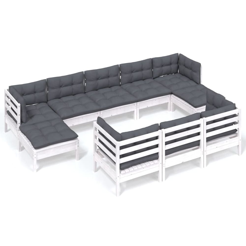 Salon de jardin 10 pcs avec coussins blanc bois de pin massif