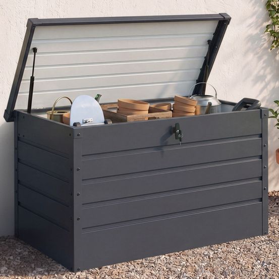 Coffre de rangement métal verrouillable gris anthracite pour jardin 350l 120x62,5x63 cm