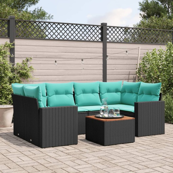 Salon de jardin 7 pcs avec coussins noir résine tressée