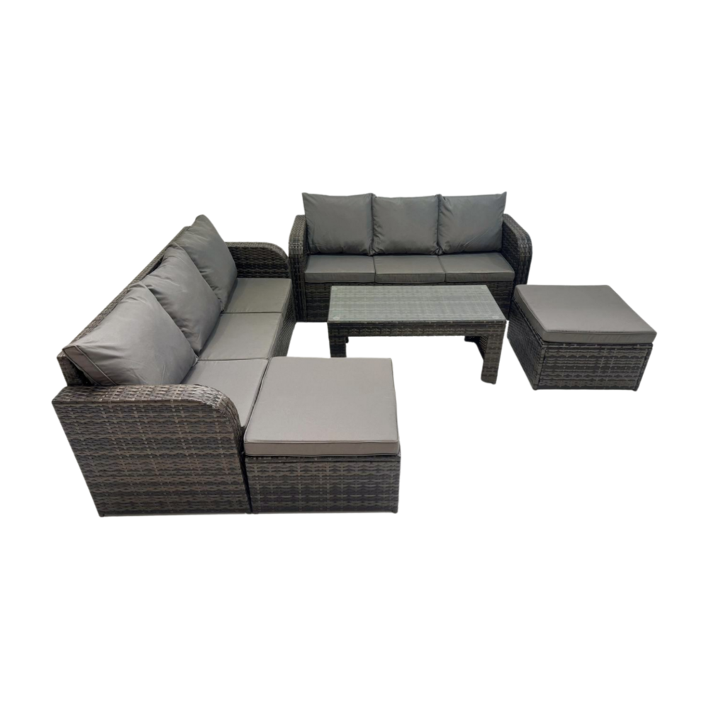 Salon de jardin avec table basse rectangulaire 2 grand tabourets canapé 3 places gris foncé mixte