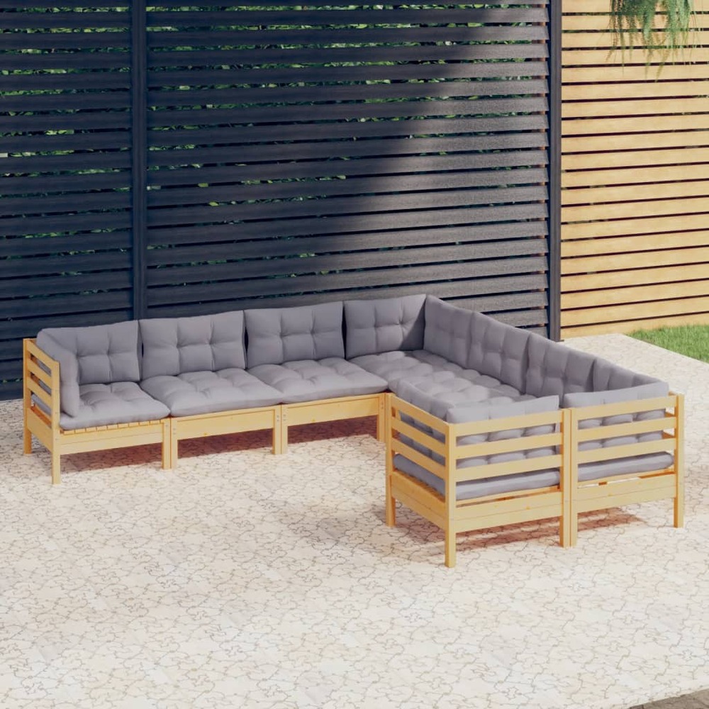 Salon de jardin 8 pcs avec coussins gris bois de pin massif