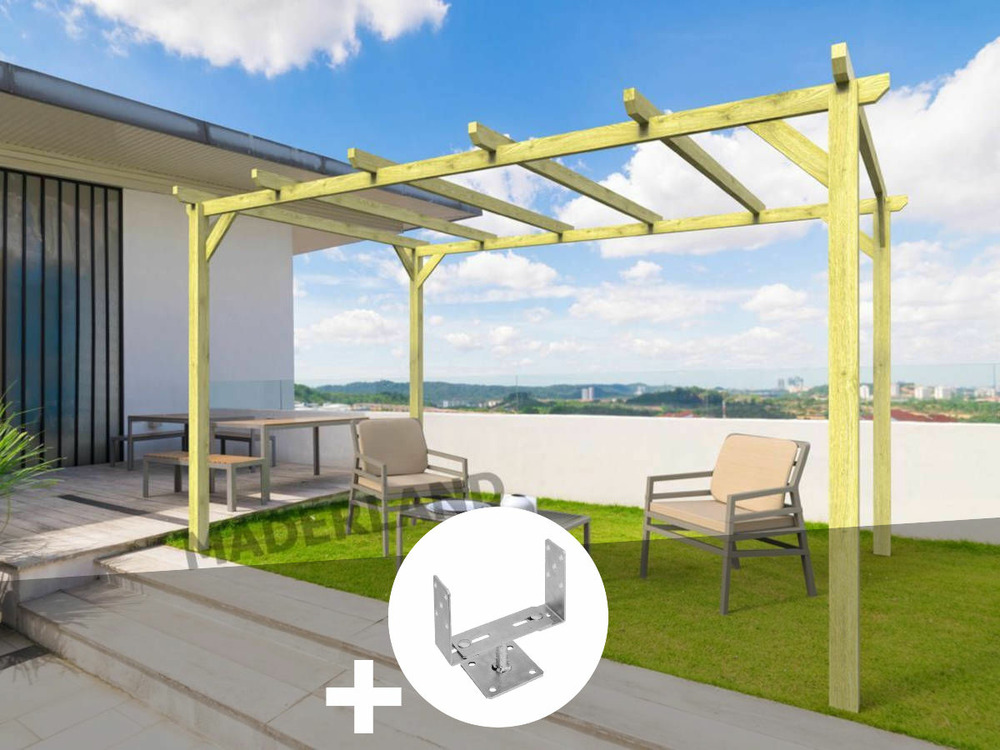 Pergola massive en bois tours 420 x 420 cm + 4 supports surélevés