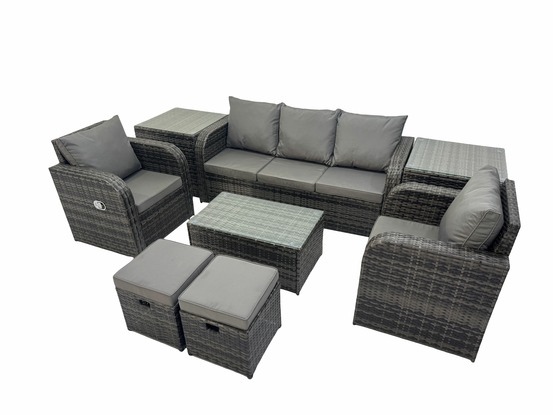 7 places salon de jardin avec table basse rectangulaire 2 petits tabourets canapé 3 places 2 tables d'appoint gris foncé mixte