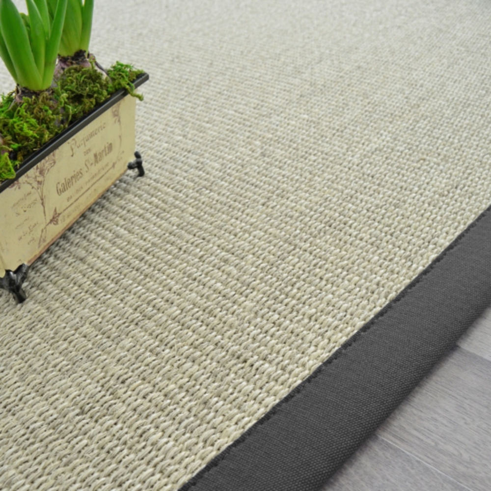 Tapis sisal quintana blanchi - ganse coton anthracite - 250 x 350 cm