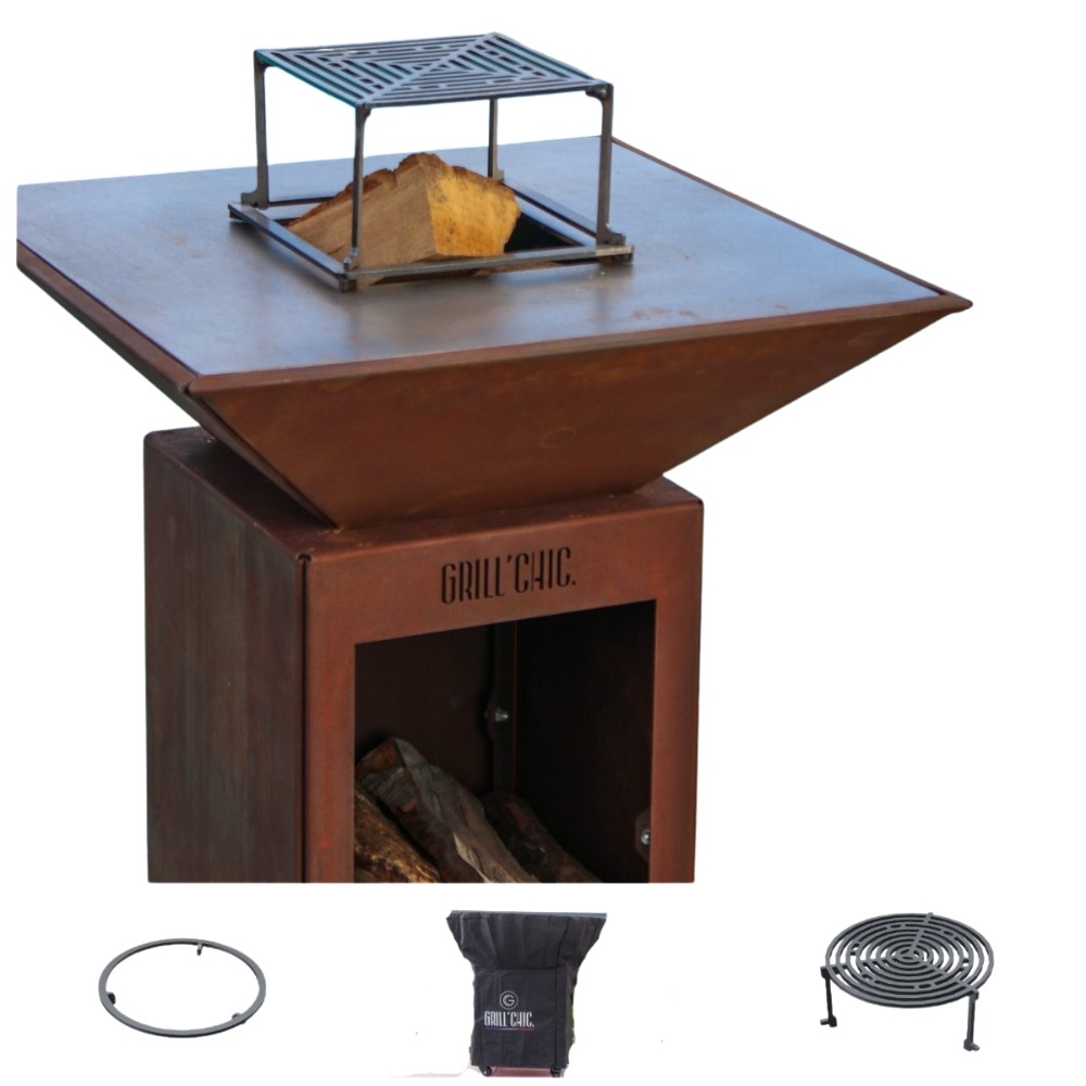 Pack privilege brasero auvergnat corten bois carre 62 simple cuve