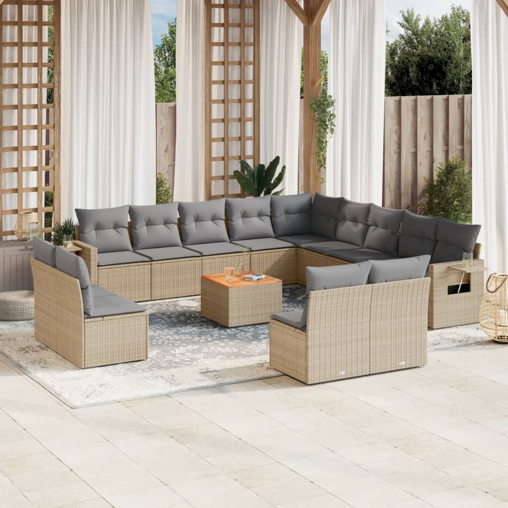 Salon de jardin avec coussins 14 pcs beige résine tressée