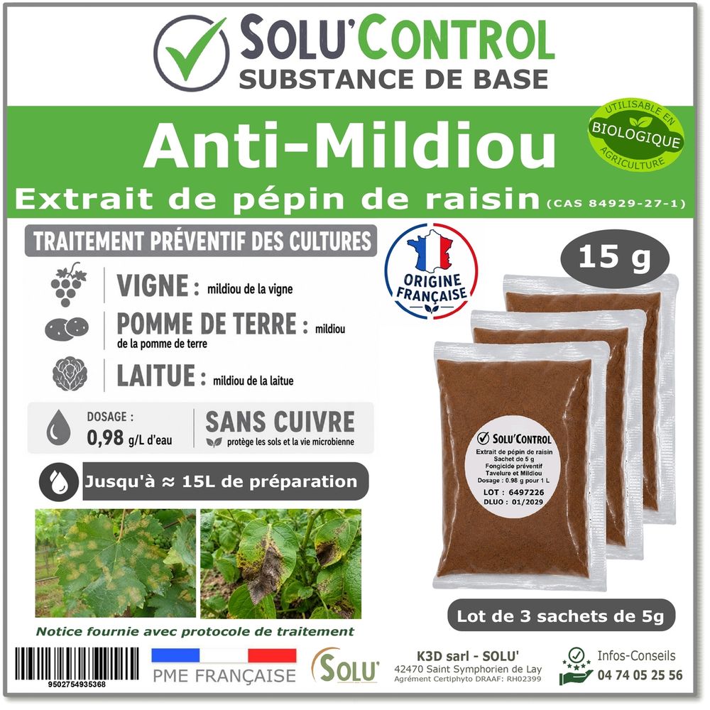 Solu'control extrait de pépins de raisin 15 g - substance de base naturelle - anti mildiou vigne pomme de terre laitue - sans cuivre