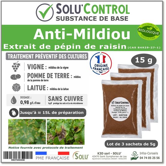 Solu'control extrait de pépins de raisin 15 g - substance de base naturelle - anti mildiou vigne pomme de terre laitue - sans cuivre