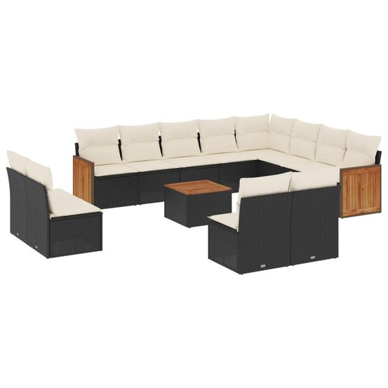 Salon de jardin avec coussins 13 pcs noir résine tressée