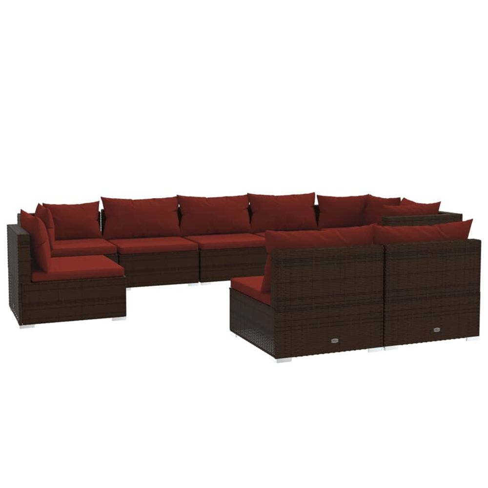 Salon de jardin 9 pcs avec coussins résine tressée marron