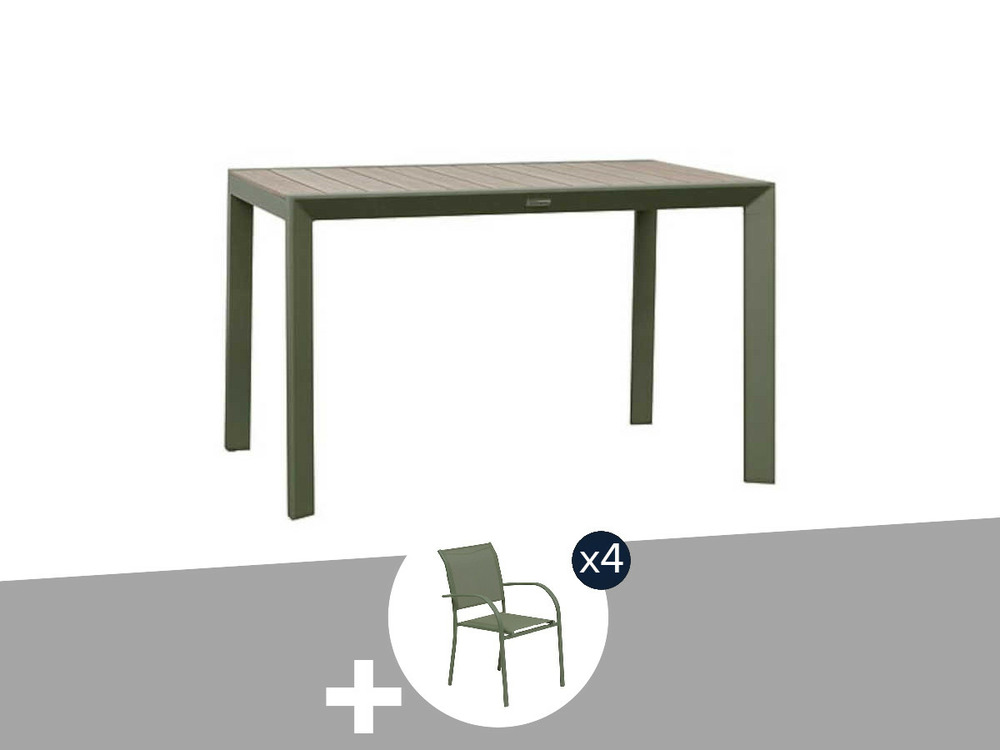 Table de jardin rectangulaire alu evasion 4 places effet bois lin et laurier + 4