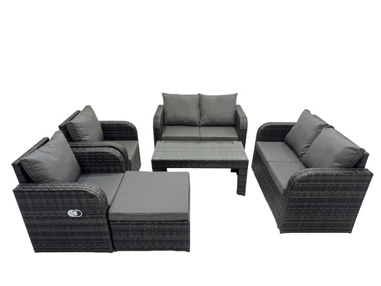 Salon de jardin avec table basse rectangulaire grand tabouret 7 places ensemble de canapés en rotin