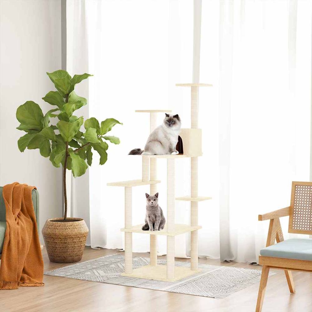 Haute tour à chat en sisal avec niche et plateformes de repos crème 153 cm