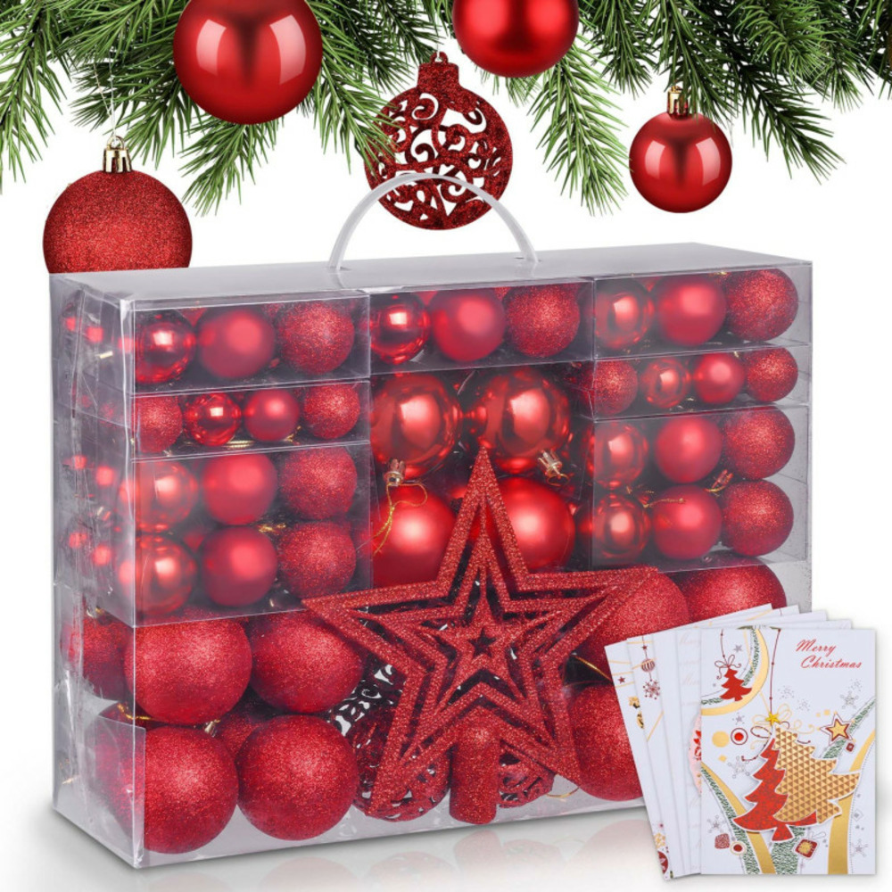 Boules de noël rouges décorations de sapin coffret de 128 pièces inclus ètoile de sapin-5 cartes