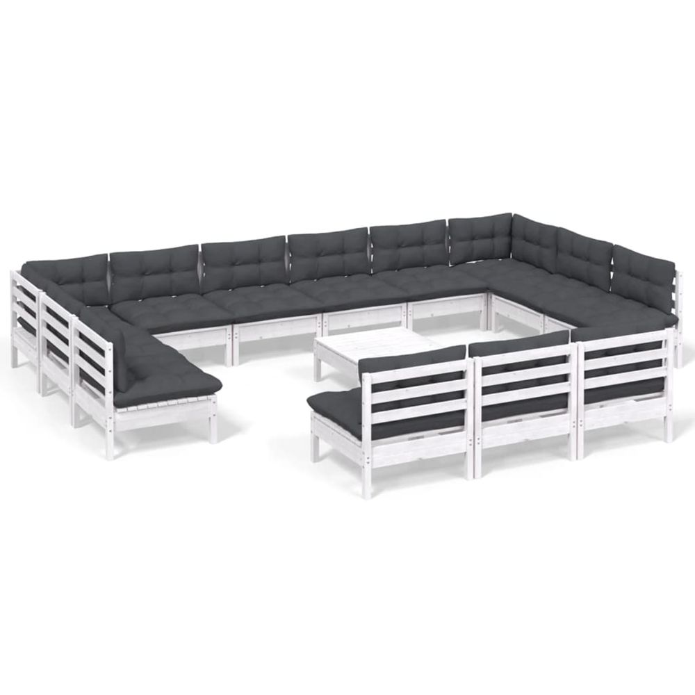 Salon de jardin 14 pcs avec coussins blanc bois de pin solide