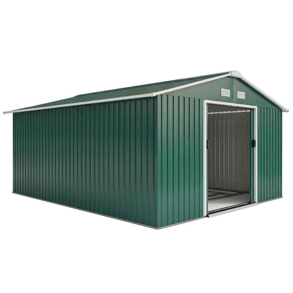 Abri de jardin acier vert foncé 386 x 340 x 200 cm pour outils 2 portes coulissantes - comfortxl outdoor living