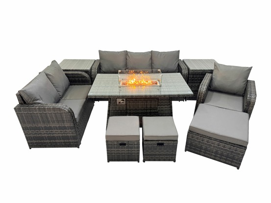 Ensemble salon de jardin extérieur en polyrotin table de foyer à gaz et canapé fauteuil avec 2 tables d'appoint 3 tabourets