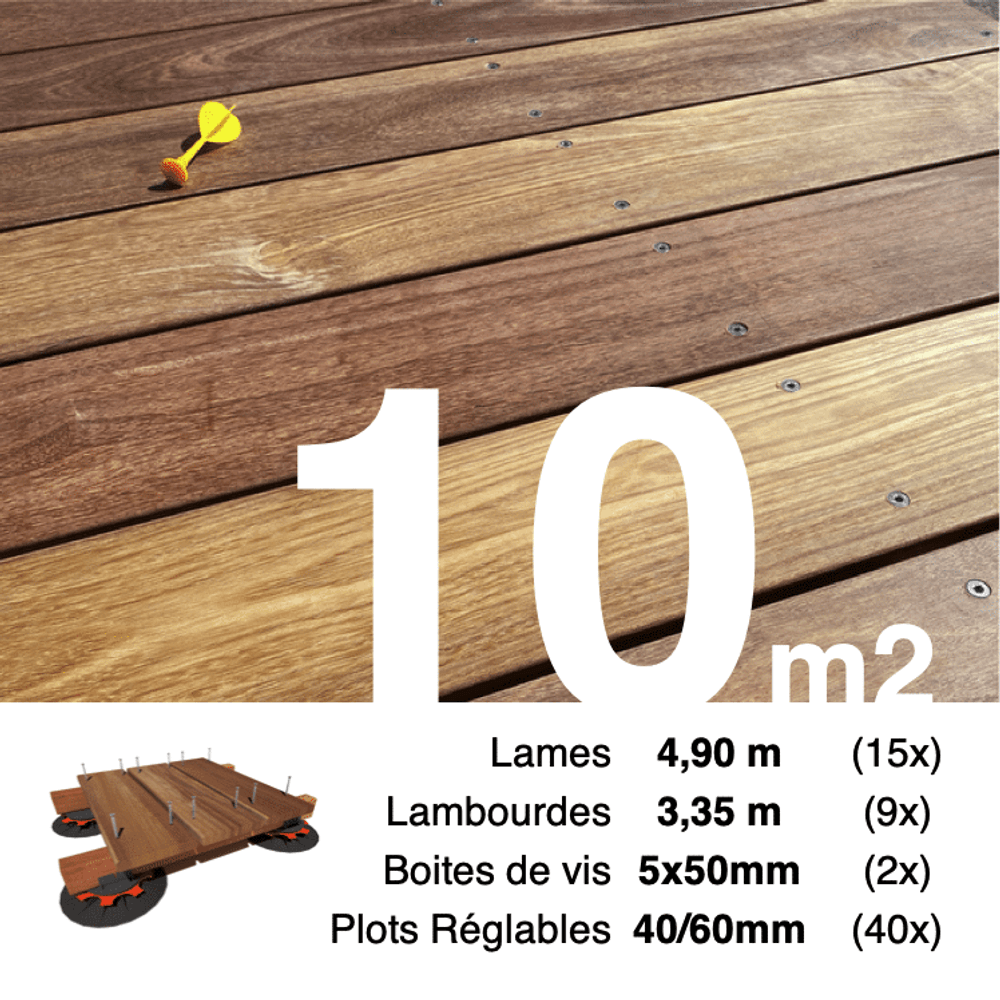 Kit complet terrasse bois exotique cumaru pour 10 m², lames 4,9 m, lambourdes 3,35 m, plots réglables et visserie inox.
