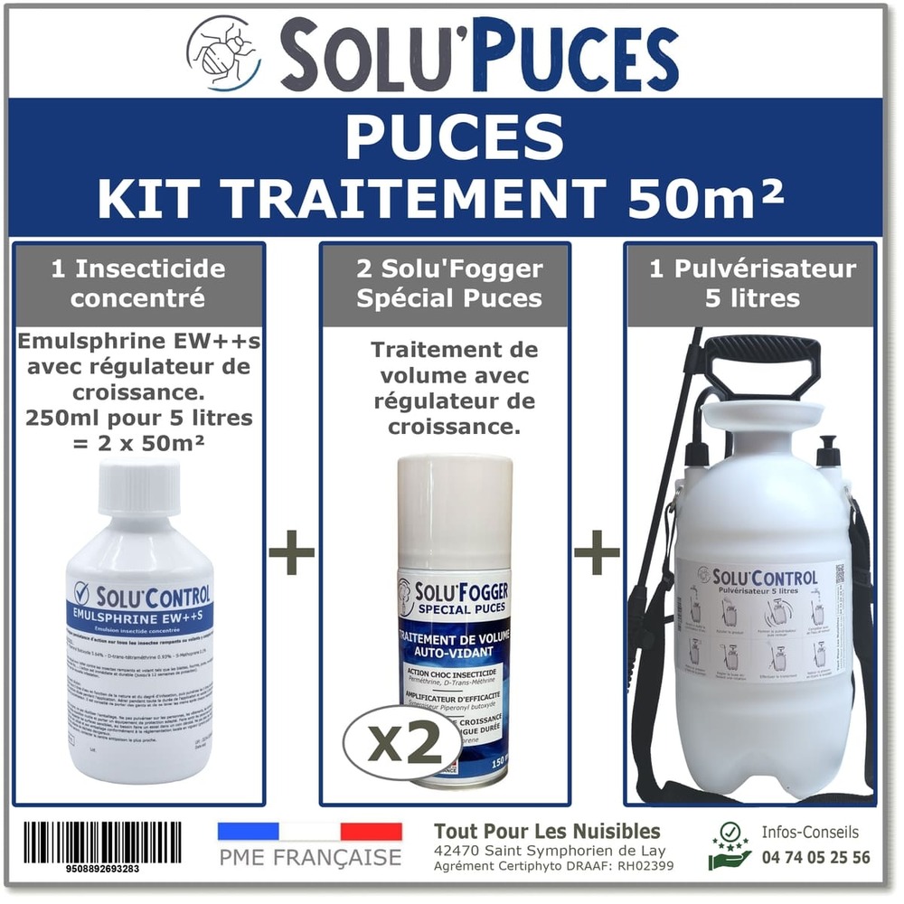 Kit puces 50m² : 1 emulsphrine ew++s 250ml concentré, 2 foggers solu’puces one-shot et 1 pulvérisateur 5l inclus