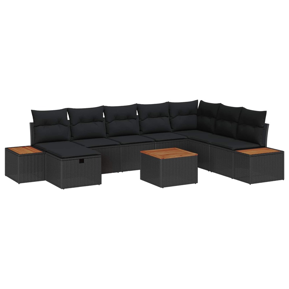 Ensemble de canapé de jardin avec coussin 9 pcs noir polyrotin