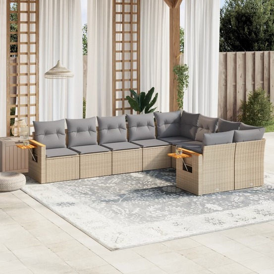 Salon de jardin avec coussins 9 pcs beige résine tressée