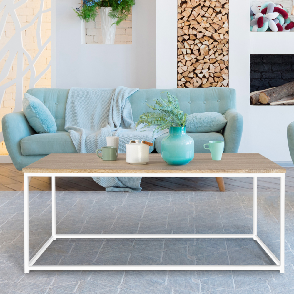 Table basse rectangulaire detroit 113 cm design industriel bois et métal blanc
