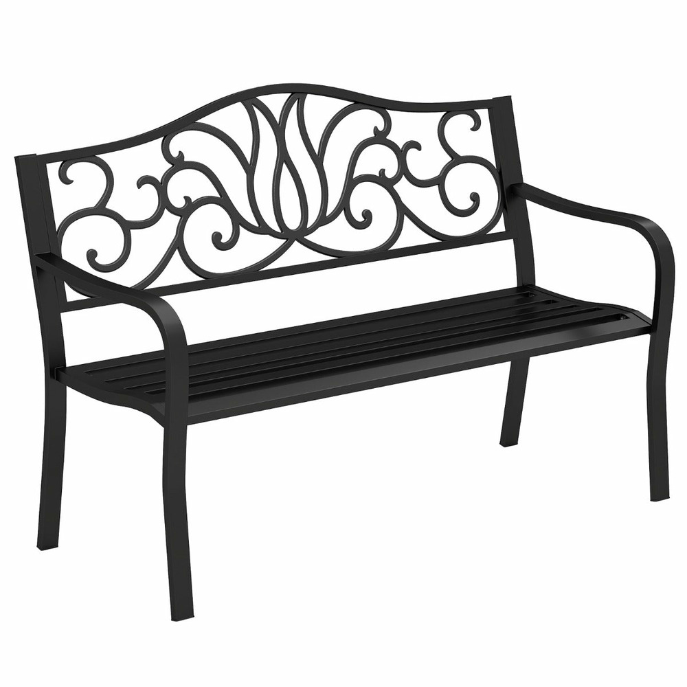 Banc de jardin 127 x 61 x 89 cm pour 2-3 personnes confortable et ergonomique style floral en métal noir