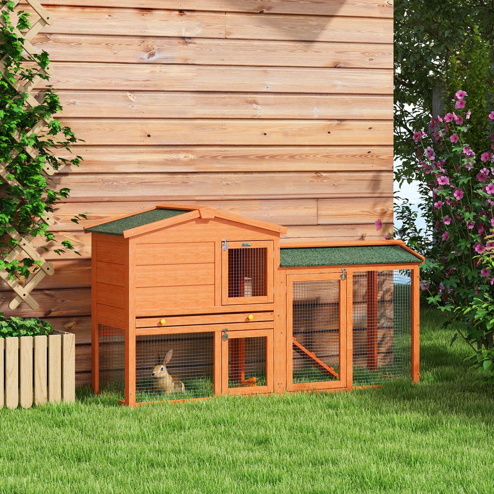 Clapier lapin bois sapin extérieur 2 étages enclos rampe 150cm orange
