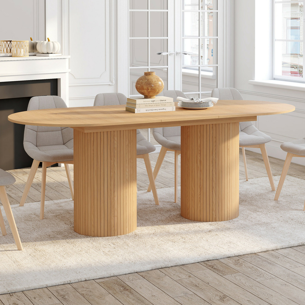 Table à manger extensible ovale juliette 6-10 personnes pieds cylindriques effet lattes 160-200 cm