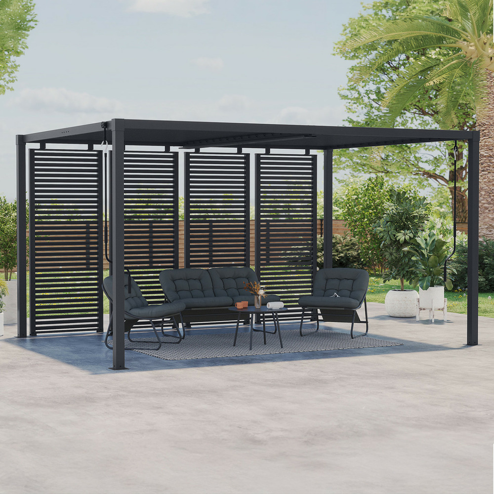 Pergola bioclimatique lames orientables acier 3x4 m avec persiennes horizontales gris anthracite