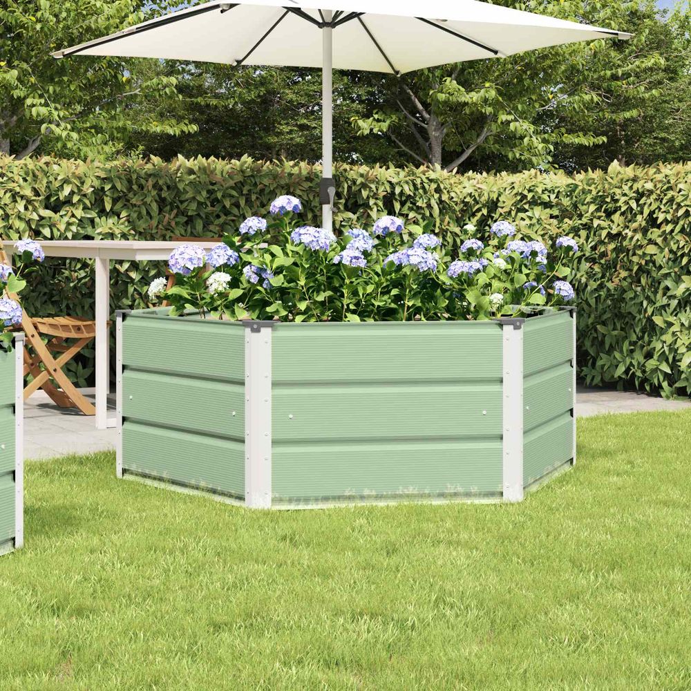 Jardinière hexagonale acier jardin terrasse bac à fleurs vert pastel 129x129x45 cm